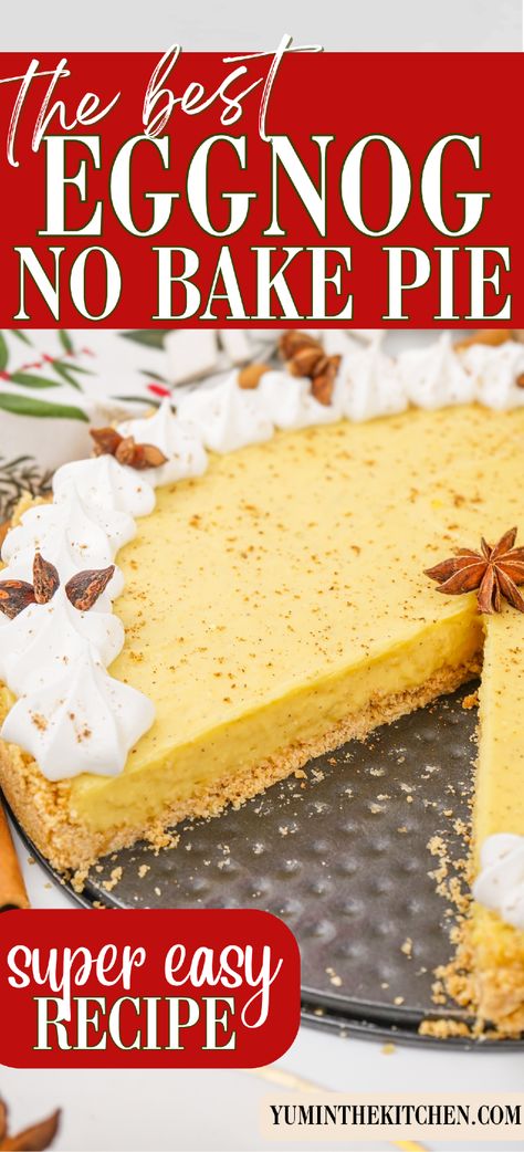 This No-Bake Eggnog Pie is the best creamy Christmas dessert recipe you’ll find! Featuring rich eggnog, cream cheese, and cool whip, this easy no-bake pie delivers all the holiday flavors in a simple-to-make dessert. Ideal for Christmas or Thanksgiving, this eggnog dessert will impress everyone without any baking required! Eggnog Cream Pie, No Bake Eggnog Pie, Eggnog Pie, Eggnog Dessert, Holiday Flavors, Holiday Dinner Recipes, Christmas Desserts Party, Rhubarb Desserts, Christmas Desserts Easy