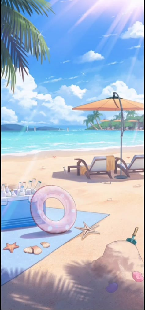 Kawaii Beach Wallpaper, Sitting On The Beach Drawing, Beach Drawing Background, Summer Anime Background, Anime Beach Wallpaper, Summer Anime Wallpaper Iphone, Anime Beach House, Beach Episode Art, Anime Summer Beach