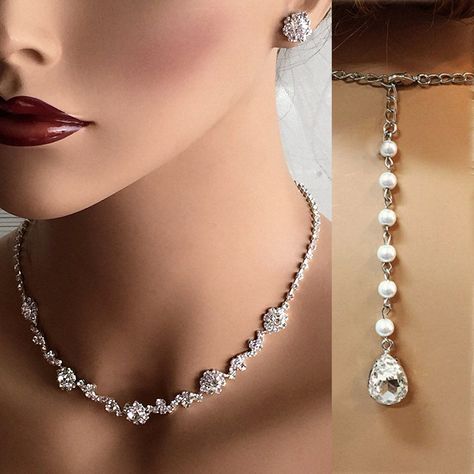 Bridal Backdrop Necklace, Silver Bridal Jewellery, Bridesmaid Jewelry Set, Crystal Wedding Jewelry, Evening Jewelry, Bridal Choker, Crystal Statement Necklace, Bridal Jewelry Set, Flower Crystal