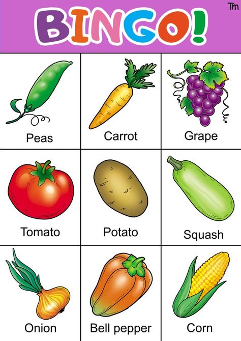 Vegetable Bingo Free Printable, Vegetable Chart For Kids, Food Flashcards, Vegetable Chart, Summer Bingo, Free Printable Bingo Cards, Free Bingo Cards, Printable Bingo Games, Vegetable Pictures