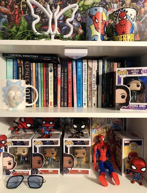 Aesthetic Geek Room, Wanda Maximoff Room Decor, Comic Book Room Decor, Comic Book Room Aesthetic, Marvel Inspired Bedroom, Nerd Room Aesthetic Bedroom, Marvel Aesthetic Room Decor, Comic Room Aesthetic, Marvel Room Decor Aesthetic