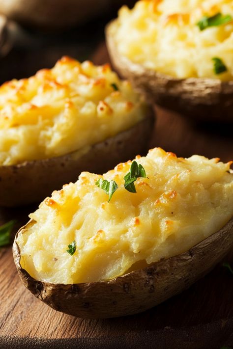 Twice-baked potatoes topped with melted cheese and fresh herbs. Twice Baked Potato Recipes Easy, How To Make Twice Baked Potatoes, Double Baked Potatoes In The Oven, Creamy Twice Baked Potatoes, Baked Potato Rounds With Cheese, Twice Baked Potatoes With Broccoli, Creamy Baked Potatoes, Baking Potato Recipes, Baked Potatoes In The Oven Recipes