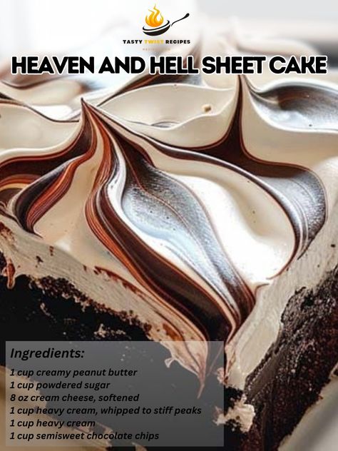 Heaven and Hell Cake is a show-stopping dessert that combines the best of both worlds: the rich decadence of devil's food cake (hell) and the airy lightness of angel food cake (heaven), all layered together with a luscious peanut butter mousse and covered in a smooth chocolate ganache. The cake is usually prepared as a multi-layered round cake, but adapting it into a sheet cake format can make it more accessible for various occasions without sacrificing its stunning appeal. Here’s a simplifie... Recipe With Devils Food Cake, Heaven And Hell Cake, A Slice Of Heaven Cake Recipe, Chocolate Angel Food Cake Recipe, Heaven And Hell Sheet Cake, Devils Food Cake Mix Recipe Ideas, Heaven Cake Recipe, Chocolate Angel Food Cake, Angel Food Cake Mix