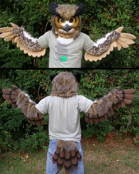 Owl head costume Owl Fursuit, Bird Fursuit, Owl Costume Diy, Animal Costumes Diy, Kids Book Character Costumes, Halloween Costumes Kids Homemade, Handmade Halloween Costumes, Owl Wings, Owl Mask