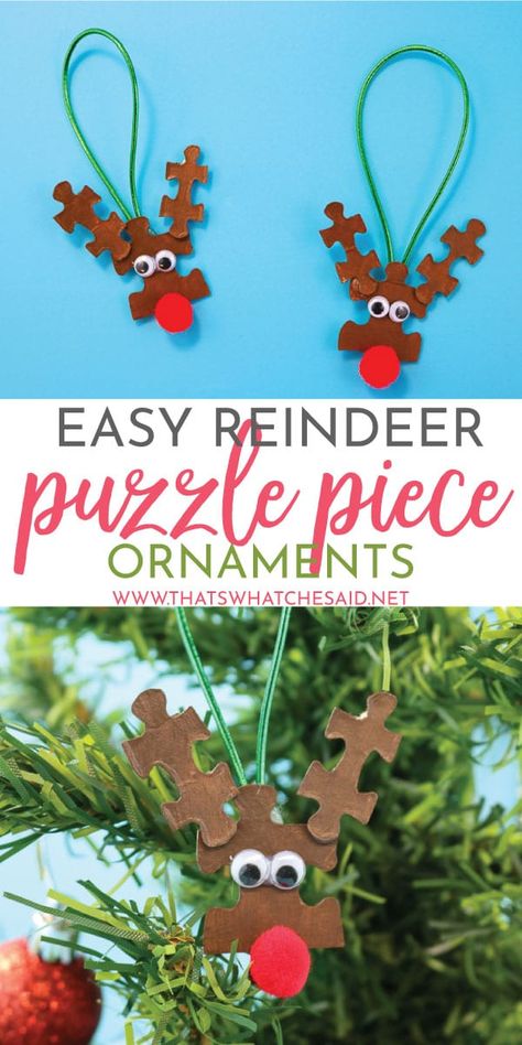 A quick and fun Christmas craft that is perfect for kids and groups!  Upcycle those old puzzles into cute reindeer puzzle piece ornaments.  Great for gifts! #kidscrafts #christmascrafts #ornaments Puzzle Piece Ornaments, Puzzle Piece Crafts, Puzzle Crafts, Kids Christmas Ornaments, Cute Reindeer, Fun Christmas Crafts, Preschool Christmas, Easy Christmas Crafts, Kids Ornaments