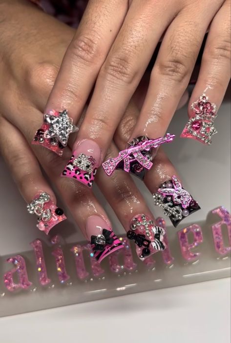 By @lalinailedit Black And Pink Duck Nails, Multicolored Nails, Weak Nails, Black Acrylic Nails, Duck Nails, Hello Kitty Nails, Colored Acrylic Nails, Gem Nails, Really Cute Nails