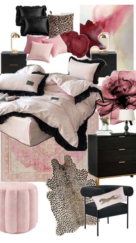 Pink, black, cheetah print home decor. Bedroom decor. Pink Room Paint, Black Pink Room, Black And Pink Room Ideas, Black And Pink Room, Pink Room Ideas, House Room Design, Deco House, Luxury Room Bedroom, Dream Apartment Decor