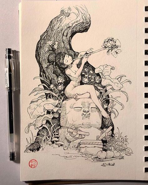 #inktober day 10 - Forest Spirit. Pencil Drawing Illustration, Inktober Art Sketches, Fantasy Ink Drawing, Inktober Drawings Ideas, Ink Illustrations Character, Black Ink Art Illustrations, Forest Ink Drawing, Inking Illustration, Inktober Sketches