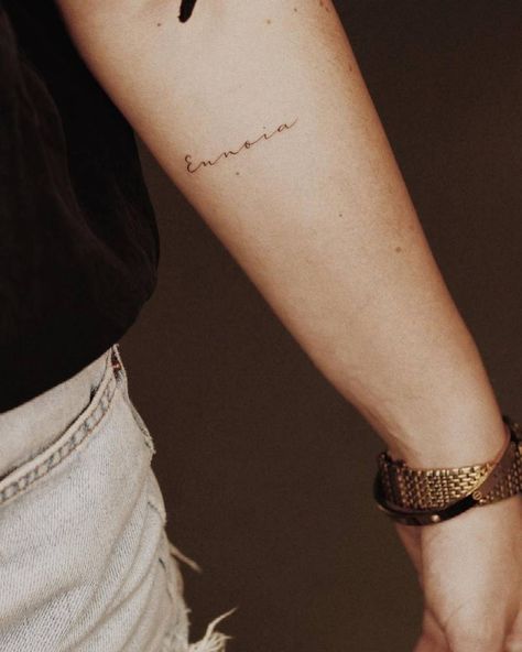 Eunoia Tattoo, Forearm Word Tattoo, Word English, Behind Ear Tattoos, Tattoo Behind Ear, Ancient Tattoo, Inner Forearm, Lettering Tattoo, Little Tattoos