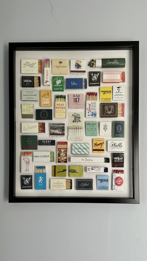 #charleston #chs #matchbook #matchboxes #matchboxart #charlestonmatchbooks #matchbookcollection #matchboxes Match Box Frame, How To Display Matchbooks, Personalized Shadow Box Ideas, Matchbox Collection Display, Diy Matchbook Art, Charleston Matchbooks, Matchbook Collection Display, Matchbox Wall Art, Charleston Apartment Decor