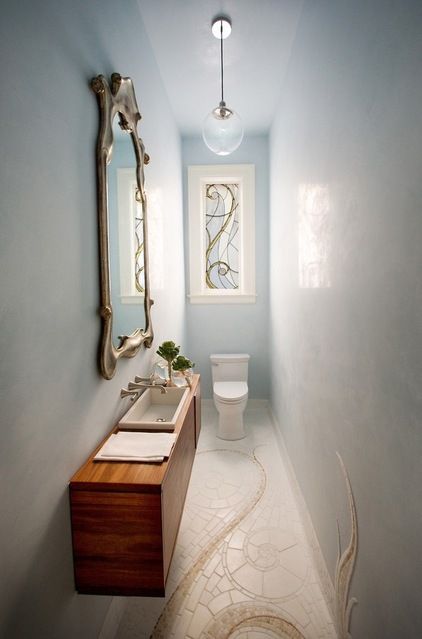 floor tile up wall to visually enlarge the space - <3 Small Powder Room Design, Long Narrow Bathroom, Narrow Bathroom Designs, Elegant Powder Room, Powder Room Design Ideas, Contemporary Powder Room, Art Nouveau Interior, Small Toilet Room, Narrow Bathroom