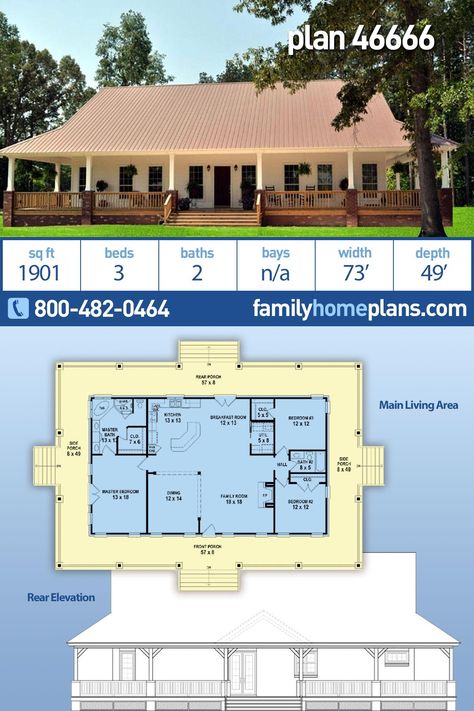 Country, Farmhouse, Ranch, Southern House Plan 46666 with 3 Beds, 2 Baths Pelan Lantai Rumah, Dröm Hus Planer, Low Country House Plans, Low Country House, Southern Style House, Southern Style House Plans, Pelan Rumah, Shop Barndominium, Country Style House Plans