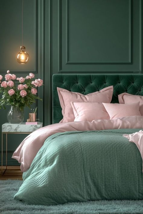 29 Green and Pink Bedroom Ideas for a Chic and Trendy Vibe 13 Green Walls Pink Accents, Dark Pink And Green Bedroom, Green Pink Gold Bedroom, Pink And Green Interior Design, Light Green And Pink Bedroom, Dark Green And Pink Bedroom, Fern Bedroom, Green And Pink Bedroom Ideas, Pale Pink Bedrooms