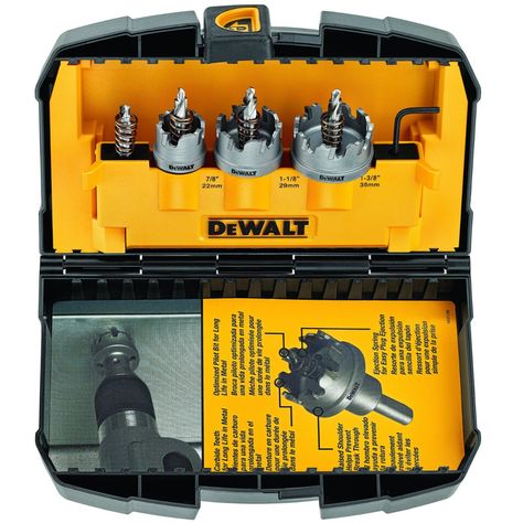 PRICES MAY VARY. Metal hole saw has carbide teeth for long life in material Hole saw kit has an ejection spring for easy plug ejection Raised shoulder of the hole saw set helps prevent break through Optimized tooth design for fast drilling speed Optimized pilot bit for long life in metal Tooth Design, Hole Saws, Dewalt Tools, Saw Accessories, Set Ideas, Hole Saw, Impact Driver, Saws, Power Drill