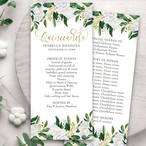 Emerald Green and White Floral Quinceanera Program providing for Order of Service, special thanks and names of important people or, any custom text you wish to add. Design features watercolor floral arrangements of white peony flowers and evergreen greenery. Quinceañera is lettered in swirly gold calligraphy and the remaining wording in elegant serif typography. Please see my Emerald Greenery & White Peony collection for matching items or, message me to create the templates you need. Quinceanera Waltz, Emerald Green Quinceanera Theme, Green Quinceanera Theme, Surprise Dance, Quinceanera Themes, White Peony, Peony Rose, Order Of Service, White Peonies