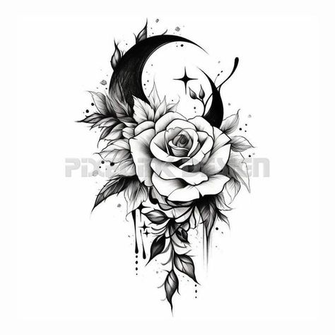 Rose with a Moon Tattoo Design Rose And Moon Tattoo Design, Moon And Flower Tattoo, A Moon Tattoo, Tattoo Fillers, Moon Tattoo Design, 2024 Tattoo, Printable Tattoos, Magic Tattoo, Moon Tattoo Designs