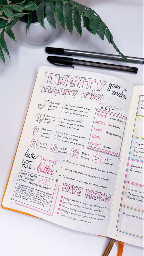 Pink writing a calligraphy on a dotted bullet journal page Bujo Yearly Pages Ideas, Yearly Journal Layout, 2023 Review Journal, Beginning Page Of Journal, New Year Bujo Spread Ideas, Bujo Month Review, Bujo New Year Page Ideas, Bujo Favorites Page, Bujo Introduction Page