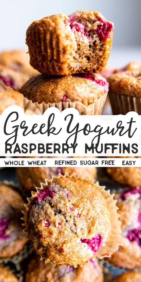 Lemon Raspberry Muffins Greek Yogurt, Healthy Raspberry Muffins, Raspberry Muffin Recipes, Muffin Allo Yogurt, Lemon Raspberry Muffins, School Lunch Boxes, Whole Wheat Muffins, Easy Breakfasts, Yogurt Muffins