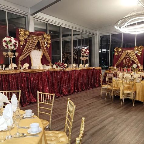 Decorating For Quinceanera, Burgundy And Gold Dresses, Red Sweet 15 Decorations, Red And Champagne Quinceanera Decorations, Red And Gold Venue Quince, Quince Ideas Themes Red, Wine Red And Gold Quinceanera Theme, Burgundy And Gold Sweet 16, Red Quinceanera Ideas Decor Main Table