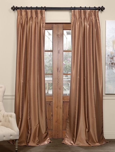 Flax Gold Blackout Vintage Textured Faux Dupioni Pleated Curtain Faux Silk Curtains, Silk Drapes, Half Price Drapes, Silk Curtains, Dupioni Silk, Custom Drapes, Pleated Curtains, Vintage Texture, Room Darkening Curtains