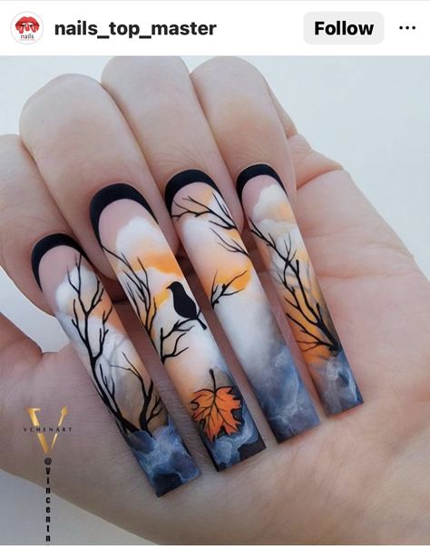 Scarecrow Acrylic Nails, Nike Ideas, Summer Nailart, Autumn Nail Designs, Autumn Nail, Long Nail Designs, Awesome Nails, Seasonal Nails, Fall Acrylic Nails