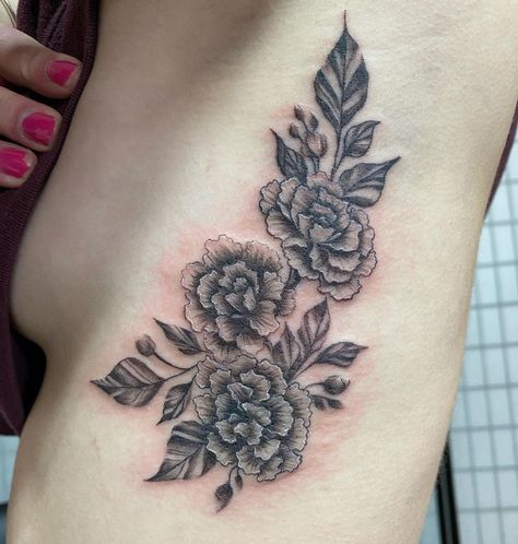 Marigold Black And White Tattoo, Marigold Rib Tattoo, Marigold Tattoo Design Black And White, Black And White Marigold Tattoo, Marigold Tattoo Black And White, Marigold Flower Tattoos, Marigold Sketch, Marigold Flower Tattoo, October Birth Flower Tattoo