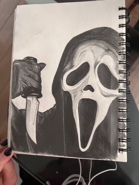 Ghostface Pencil Drawing, Goast Face Drawing, Horror Movies Sketch, Drawings Of Ghost Face, How To Draw Screaming Face, Drawing Ideas Movies, How To Draw Ghost Face, Scream Art Drawing, Ghost Face Drawing Sketch