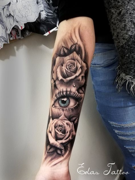 Roses and eye by Edas Tattoo All Seeing Eye Tattoo Women, Woman’s Eye Tattoo, Eye Flowers Tattoo, Rose Eye Tattoo Design, Eye Tattoo Ideas Women Sleeve, Eye With Tears Tattoo, Womens Eye Tattoo, Eye Reflection Tattoo, Flower And Eye Tattoo