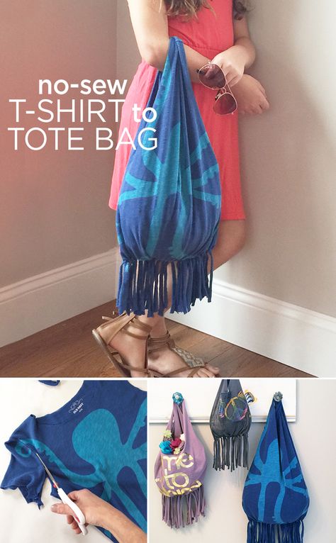 Upcycle your favorite T-shirt into a fun tote that’s perfect for the beach - no sewing required for this DIY tutorial. Upcycle T Shirts, Ropa Upcycling, Diy Clothes Refashion, Sac Diy, Best Tote Bags, Diy Clothes Videos, Sewing Projects Clothes, Upcycle Shirt, Upcycle Tshirt