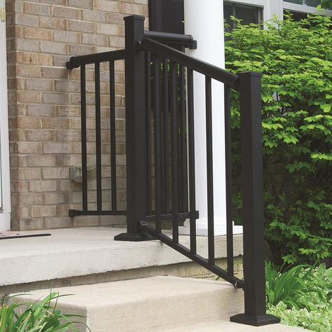 Black Outdoor Railing, Stair Railing Ideas Outdoor, Exterior Railing Ideas, Outdoor Railings For Steps, Outside Stair Railing, Square Balusters, Porch Rails, Deck Railing Kits, Deck Stair Railing