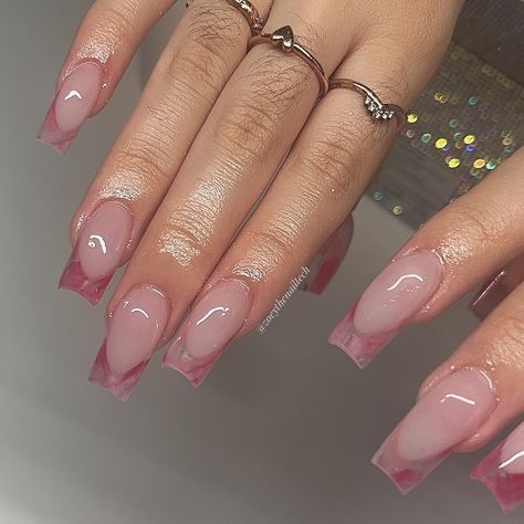 Pink Frenchies, Pink Marble Nails, Vegas Nails, Rose Nails, Pink Gem, Pink Acrylic, Pink Acrylics, Clear Nails, Marble Nails