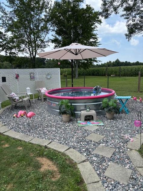 Stock Tank Pools | Just finished decorating,  so happy with this pool. | Facebook Galvanized Pool, Cement Pond, Stock Pool, Stock Tank Pools, Stock Pools, Tank Pools, Stock Tank Pool, Tank Pool, Stock Tank