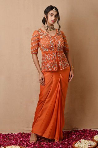 Shop for Label Nitisha Orange Satin Embroidered Jacket And Draped Skirt Set for Women Online at Aza Fashions Orange Lehenga, Recycled Dress, Jacket Outfit Women, Half Jacket, Orange Satin, Orange Jacket, Draped Skirt, Indian Fashion Designers, Blouse Work Designs