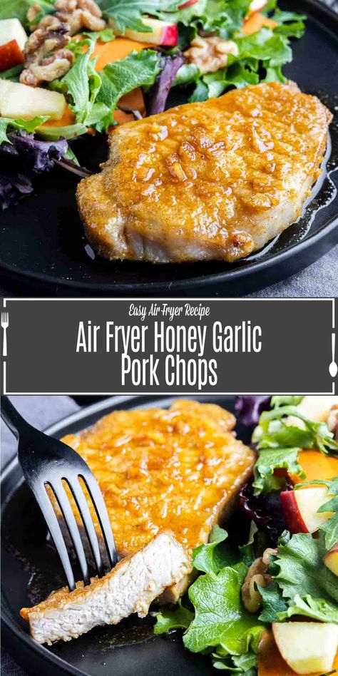 Air Fryer Pork Chops are tender, juicy boneless pork chops that are cooked to perfection in just 9 minutes! These honey garlic pork chops are an easy weeknight dinner idea for busy weeknights. These garlic honey pork chops are quick and easy to make, and the honey glaze for the pork chops can be made in just 2 simple steps! Garlic Air Fryer, Honey Glazed Pork Chops, Pork Loin Chops Recipes, Air Fry Pork Chops, Honey Pork Chops, Honey Garlic Pork, Garlic Pork Chops, Honey Garlic Pork Chops, Air Fryer Pork