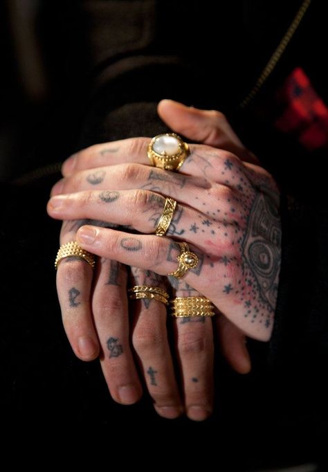 Many Rings On Hand, Men’s Gold Rings, Arm And Hand Tattoos, Men With Rings, Tattooed Fingers, Best Hand Tattoos Men, Men Gold Rings, Gold Rings Men, Rings For Men Gold