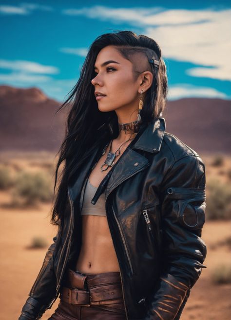 Lexica - Cyberpunk Navajo androgenous nonbinary high tech nomad long hair. leather jacket in a desert cyberpunk comic book hyper realistic comic... Native American Cyberpunk, Desert Cyberpunk, Nomad Cyberpunk, Cyberpunk Nomad, Cyberpunk Comic, Cyberpunk Female, Comic Book Art Style, Cyberpunk Aesthetic, Cyberpunk Character