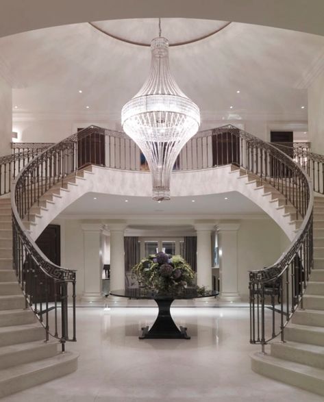 Grand Entrance Way | fabuloustouchdesign Oxshott Surrey, Luxury Houses Entrance, Luxury Staircase, Double Staircase, Luxury Houses Mansions, House Staircase, Luxury House Interior Design, Home Stairs Design, Modern Mansion