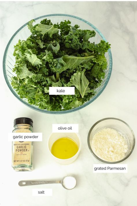 Ingredients needed to make air fryer kale chips. Air Fryer Kale Recipes, Kale Air Fryer Recipes, Kale In Air Fryer, Kale Chips Air Fryer Recipe, Air Fried Kale Chips, Crispy Kale Chips Air Fryer, Airfryer Kale Chips, Edamame Air Fryer Recipes, Air Fry Kale Chips