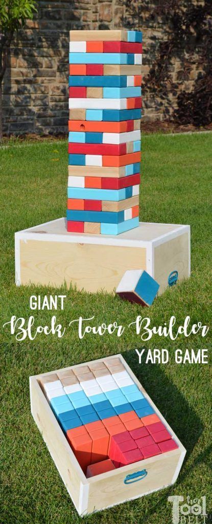 Make your own Giant Block Tower Builders yard game with a carrying crate that doubles as a playing stand. Add colored dice for a fun roll 'n go option to mix things up. Free plans to make yard game. Yard Jenga, Jenga Diy, Giant Yard Games, Outdoor Yard Games, Yard Game, Diy Yard Games, Outside Games, Games Diy, Wood Games