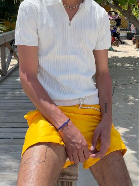 tattoos, mens outfit inspo, swim trunks, bahamas, vacation, yellow Men Vacation Outfits Beach, 2025 Art, Summer Wear Men, Yellow Bathing Suit, Swimsuit Aesthetic, Beach Outfit Men, Bahamas Vacation, Mens Bathing Suits, Mens Shorts Outfits