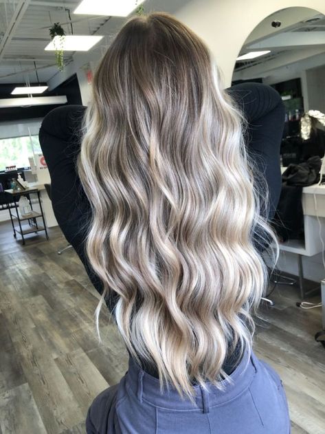 Blonde Balayage Blended, Platinum Blonde Hair On Brown Hair, Long Ash Blonde Hair With Layers, I’ve Blonde Balayage, Blond Balayage With Dark Roots, Blonde Balayage With Extensions Long Hair, Darker Roots Blonde Hair Balayage Medium Length, Ash Blond Balayage Brunettes, Blonde Grown Out Roots Balayage