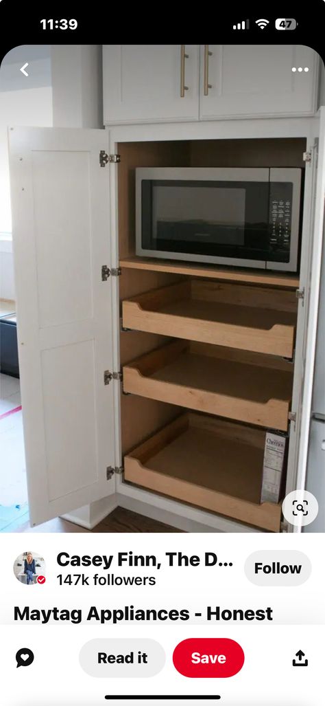 Microwave Cabinet Ideas, Microwave Shelf Cabinet, Built In Microwave Cabinet, Lowes Kitchen Cabinets, Small Kitchen Redo, Roll Out Shelves, Microwave Cabinet, Oven Cabinet, Microwave Shelf