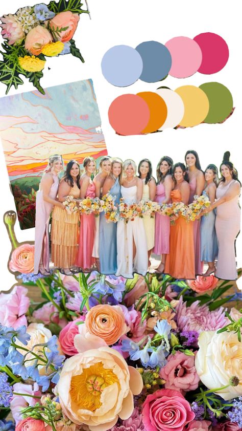 Pastel Color Palette Wedding Bridesmaid Dresses, Multi Color Spring Wedding, Multicolor Flower Wedding, Bright And Bold Color Palette Wedding, Spring Wedding Mexico, Bright Wedding Bridesmaid Dresses, Rainbow Bridesmaid Dresses Color Schemes, Wildflower Theme Bridesmaid Dresses, Spring Wedding Color Palette Bridesmaid Dress