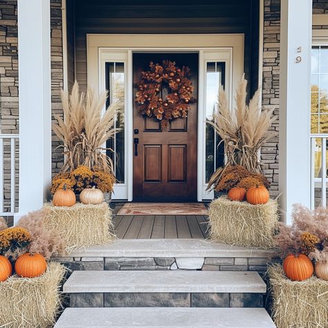 Subdivision Entrance Fall Decor, Fall Doorway Decor, Fall Photo Set Up Ideas, Cornstalk Decor, Fall Wagon Decor, Fall Decor Door, Warm Color Palettes, Home Fall Decor, Thanksgiving Home Decorations