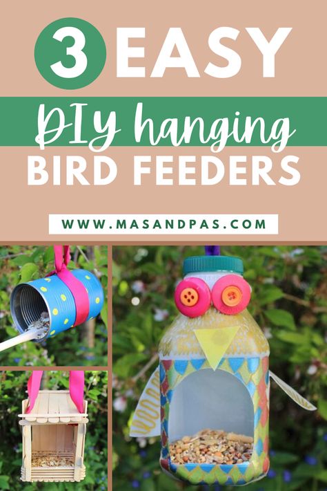 A tutorial and guide to making 3 different but easy handing bird feeders from mostly recyclable materials! The birds will love you for making and handing these in your yard, and your kids will love making these and then watching the birds come to eat! #birdfeeder #DIYbirdfeeder #craftsforkids #craftykids #naturecrafts Bird Feeders For Kids, Backyard Science, Homemade Bird Feeder, Bird Feeders For Kids To Make, Pine Cone Bird Feeder, Make A Bird Feeder, Bird Feeder Craft, Easy Bird, Homemade Bird Feeders