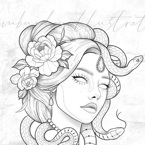 Em Burden Tattoo🖤 on Instagram: "AVAILABLE   Been wanting to design a Medusa tattoo for a while and finally got round to it! Here she is…💗  I would absolutely love to have this piece in my portfolio. This would likely be an extended day session of £300 depending on placement and final size.   Pop me a message to enquire💌 - - - #tattoo #tattooideas #medusatattoo #medusatattooidea #medusatattoodesign #medusa #medusatattoos #greekmythologytattoo #tattooflashdesigns #ladytattoos #prettytattoos #snaketattoos #finelinetattoos" Art Nouveau Medusa Tattoo, Medusa Linocut, Small Medusa Tattoos, Medusa Flower Tattoo, Medusa Tattoo On Thigh, Medusa Skull Tattoo, Pretty Medusa Tattoo, Medusa Hip Tattoo, Medusa Tattoo Outline