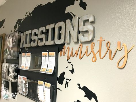 Missions Wall Church, Missions Conference Decorations, Church Missions Wall Display, Mission Board Ideas, Church Entryway Decor, Church Information Wall, Missions Wall, Missions Bulletin Board, Youth Room Church