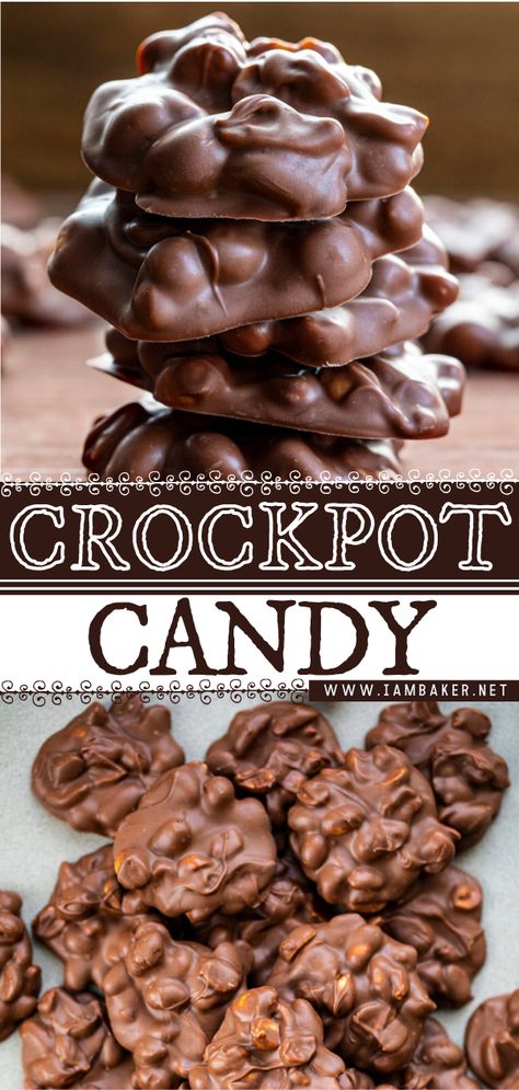 Crockpot Candy is made with two kinds of chocolate, almond bark, peanuts, and peanut butter chips, all melted and blended together in a slow cooker. This homemade candy recipe is perfect to satisfy your sweet tooth! Save this easy dessert recipe! Chocolate And Nuts Candy, Easy Crockpot Candy Recipes, Dry Roasted Peanuts Recipe, Easy Christmas Candy Recipes Simple 3 Ingredients, Christmas Candy Recipes Homemade Easy, Easy Crockpot Candy, Crockpot Christmas Candy, Peanut Clusters In Crockpot, Crockpot Candy Recipes