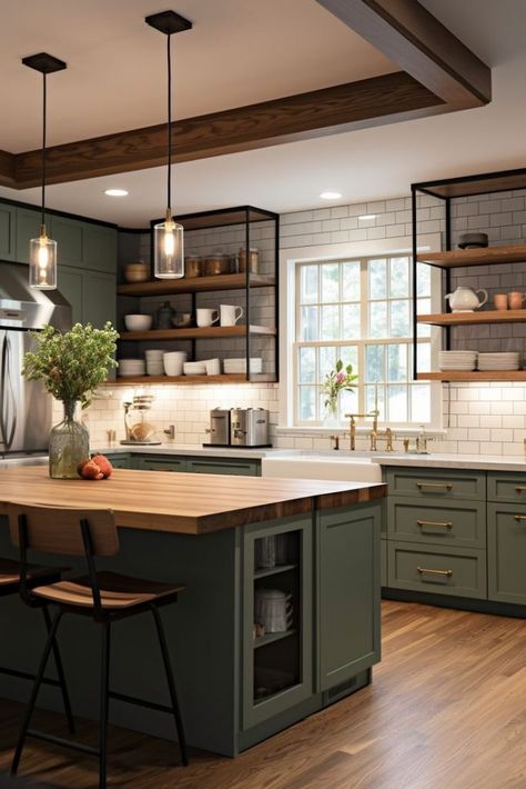 Farmhouse Kitchen Design, Green Cabinets, Mudroom Bench, Kitchen Inspiration Design, Kitchen Redo, Transitional Decor, Green Kitchen, Kitchen Remodel Idea, Küchen Design