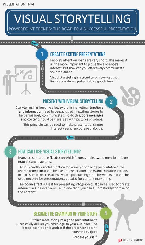 The road to sucessful presentations: Visual Storytelling! This trend helps you giving better speeches and design better presentations. PowerPoint 2019 have many options for implementing this method like the morph effect. #presentation #business #powerpoint #trends #visual #storytelling Story Telling Presentation, Visual Presentation, Elevator Pitch, Public Speaking Tips, Digital Communication, Best Speeches, Presentation Skills, Instructional Design, Visual Storytelling